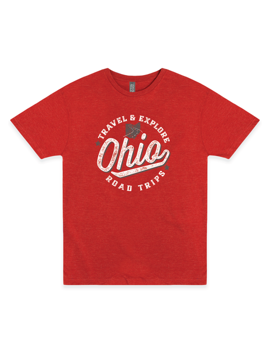 Ohio Road Trips – Ohio's Top 10 Ice Cream & Sweets Trail Unisex Graphic Tee featuring a vintage Travel & Explore Ohio front design and Ohio Road Trips sweets trail back print on a heather red T-shirt.