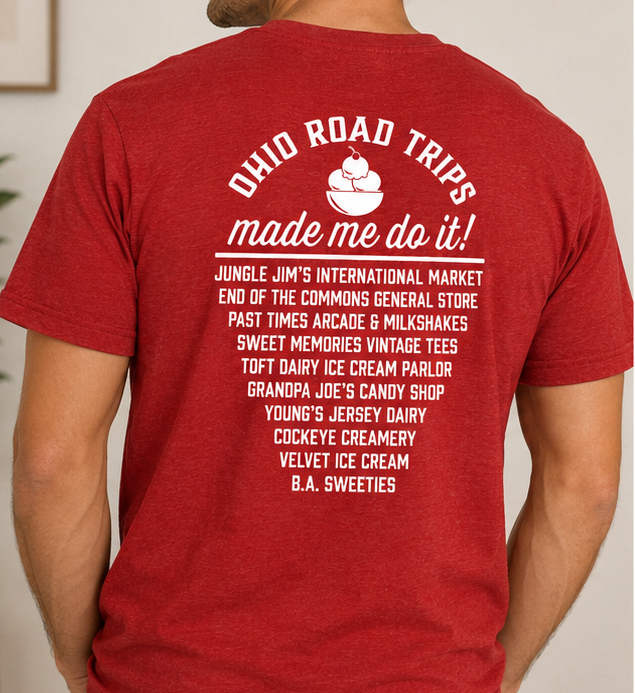 Man wearing the Ohio Road Trips – Ohio's Top 10 Ice Cream & Sweets Trail Unisex Graphic Tee showcasing the Ohio Road Trips sweets trail destination list on the back.