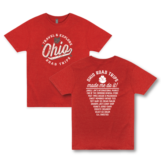 Ohio Road Trips – Ohio's Top 10 Ice Cream & Sweets Trail Unisex Graphic Tee featuring a vintage Travel & Explore Ohio front design and Ohio Road Trips sweets trail back print on a heather red T-shirt.