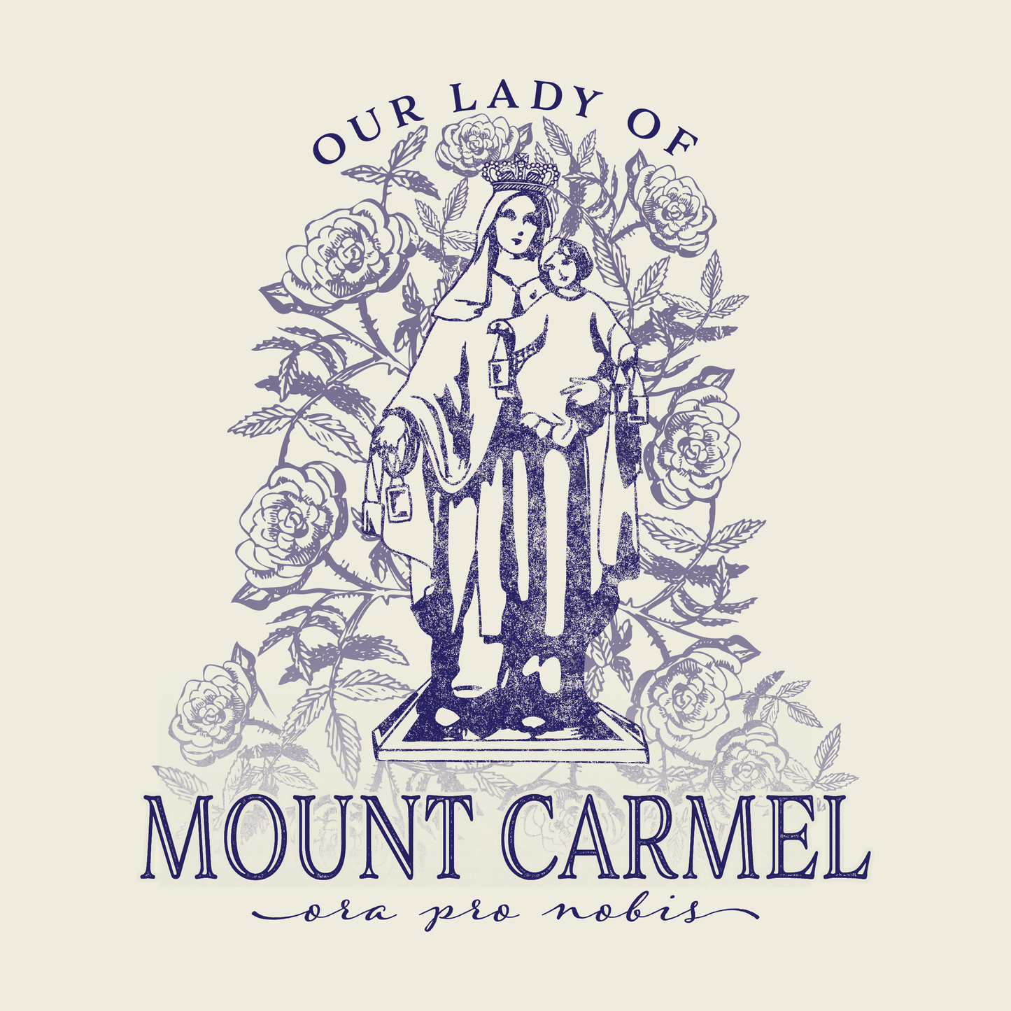 close up of our lady of mount carmel ora pro nobis religious graphic