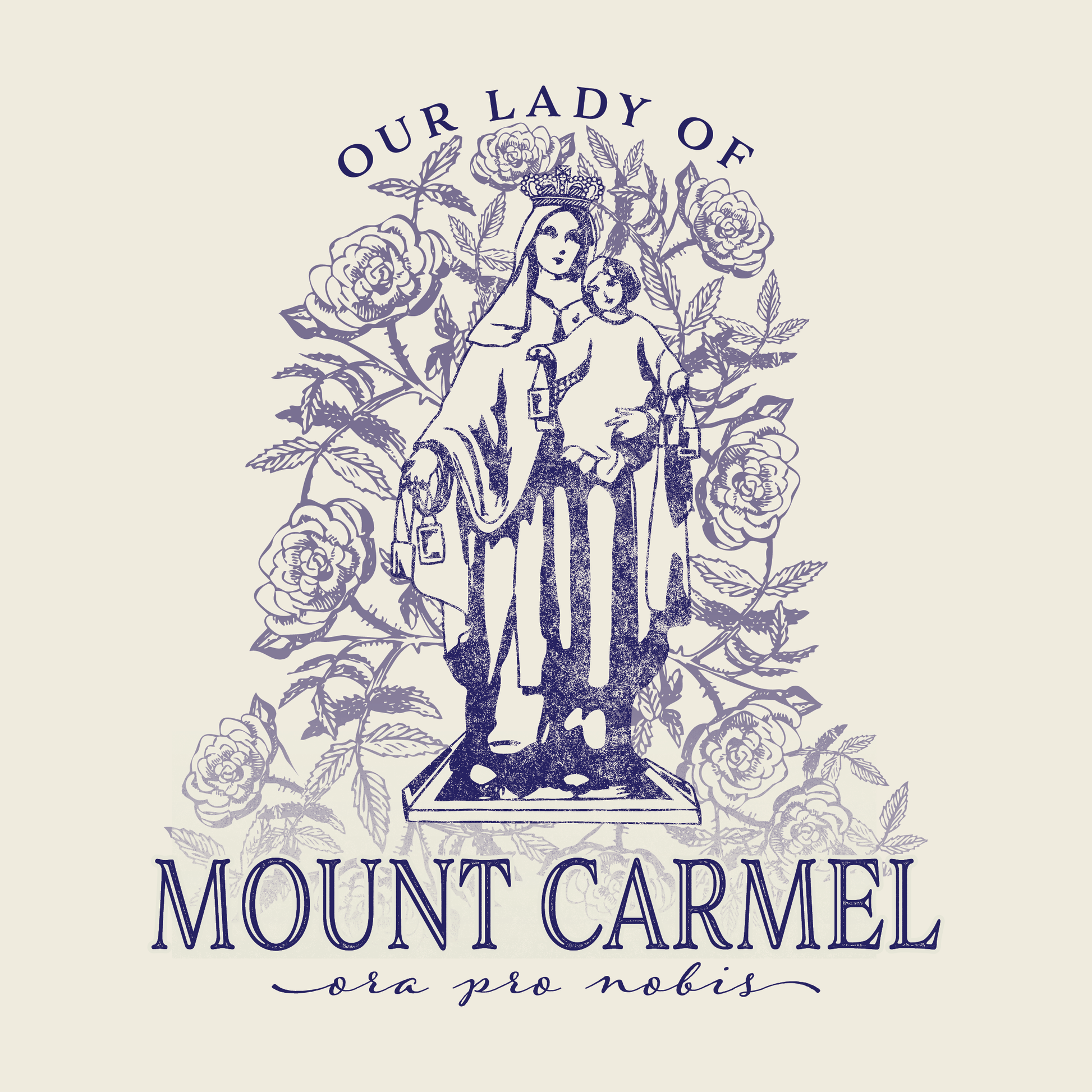 close up of our lady of mount carmel ora pro nobis religious graphic