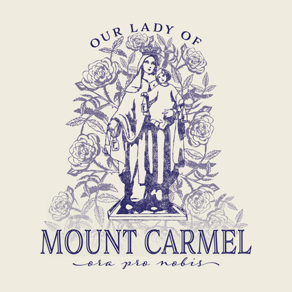 close up of our lady of mount carmel ora pro nobis religious graphic