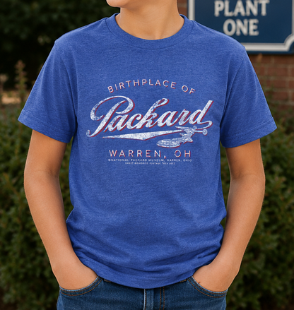 Child wearing the Packard The Birthplace of Packard Car Warren, OH Youth Tee featuring a nostalgic automotive heritage graphic.