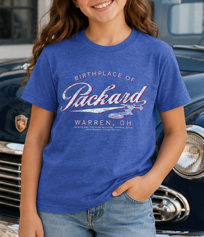 Child wearing the Packard The Birthplace of Packard Car Warren, OH Youth Tee featuring a nostalgic automotive heritage graphic.