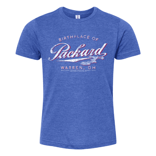 Packard The Birthplace of Packard Car Warren, OH Youth Tee featuring a vintage-inspired Packard automobile graphic on a soft unisex youth T-shirt.