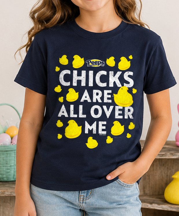 PEEPS® Chicks Are All Over Me Youth Graphic Tee styled in a bright, playful lifestyle setting perfect for Easter and spring celebrations.