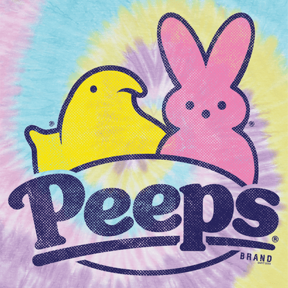 close up of peeps jelly bean candy graphic on colorful tie dye