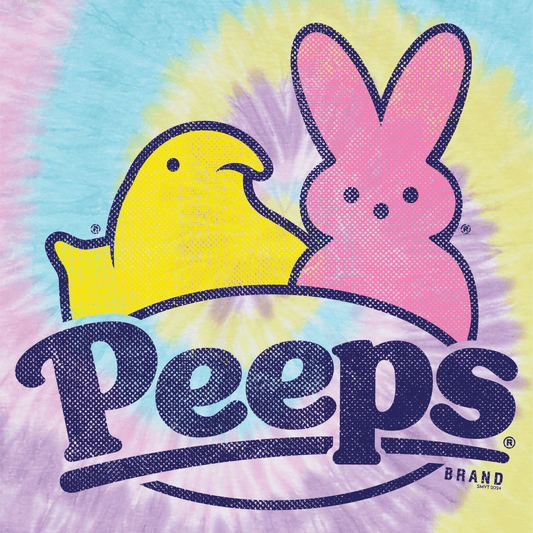 close up of peeps jelly bean candy graphic on colorful tie dye