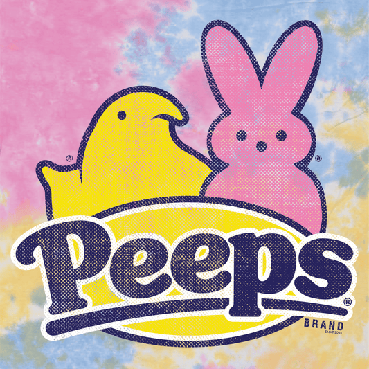 close up of distressed peeps logo graphic on pastel sherbet tie dye