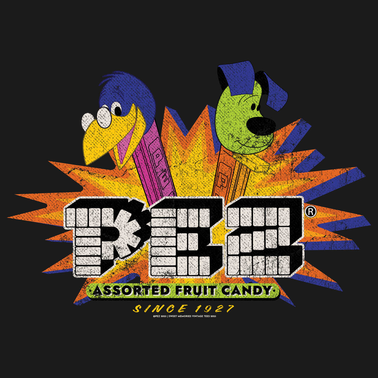 close up of pez throwback candy explosion retro graphic t shirt