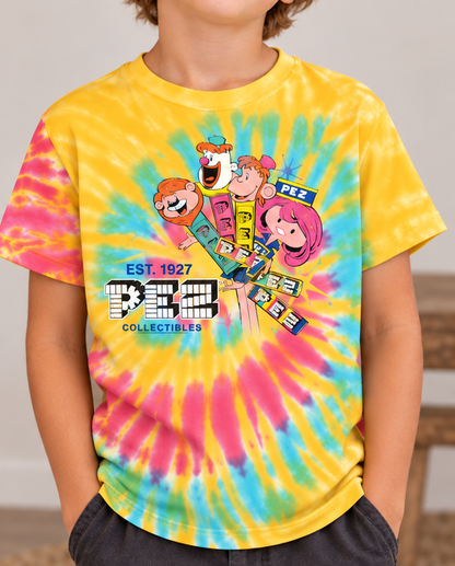 Little boy wearing a colorful tie-dye tee featuring the PEZ Collectibles design.