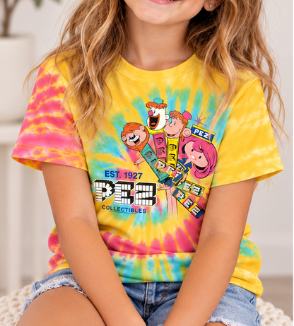 Little girl wearing a colorful tie-dye tee featuring the PEZ Collectibles design.
