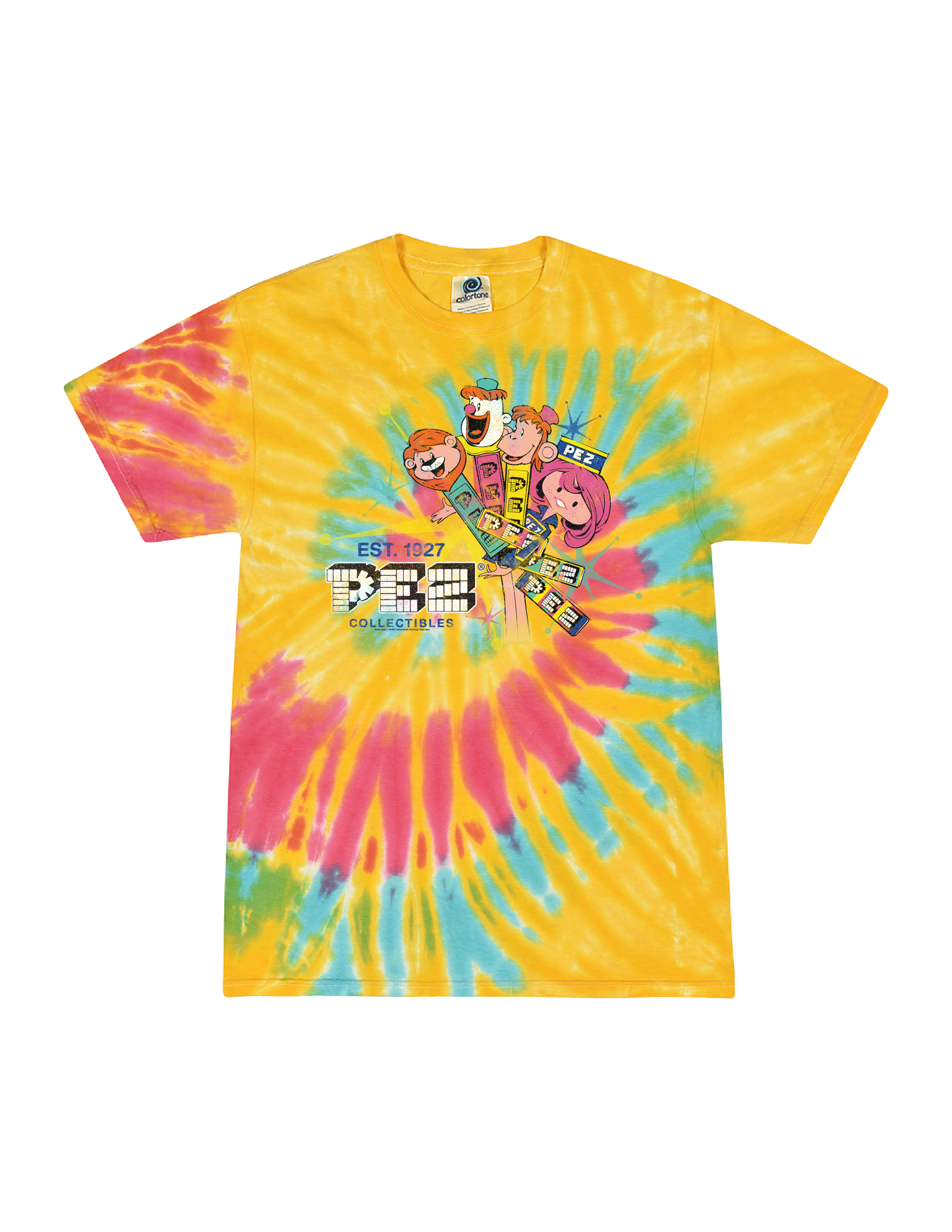 pez collectibles tie dye graphic t shirt colorful retro candy logo unisex tee