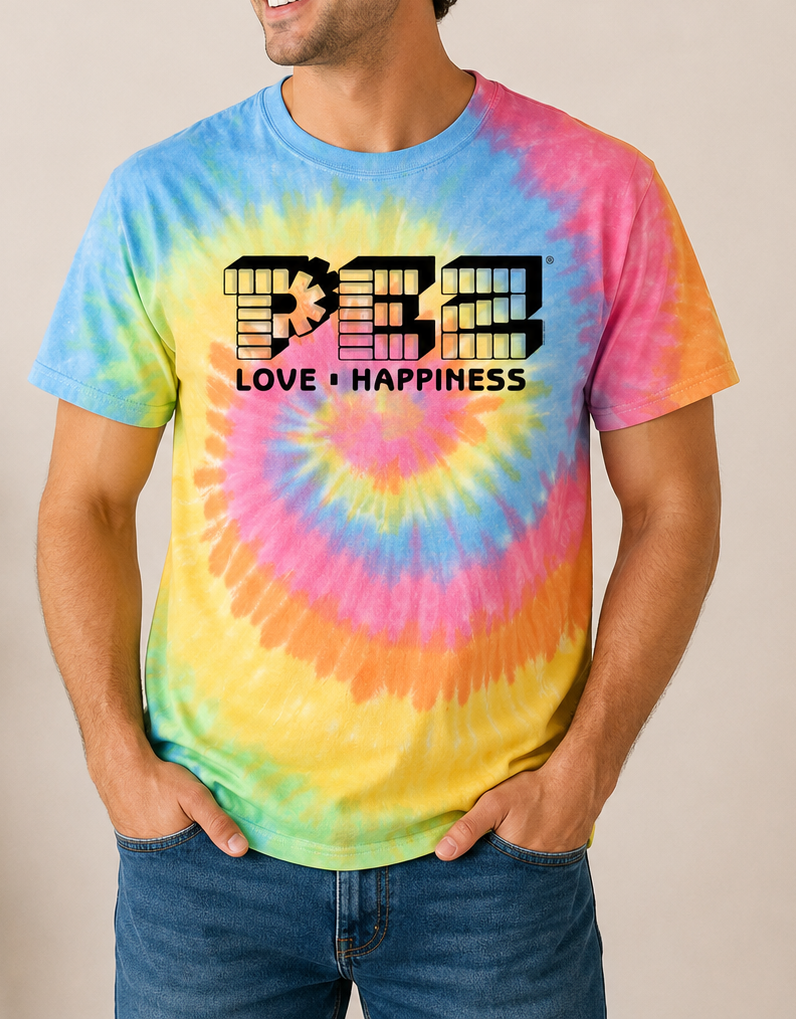 unisex pez love and happiness tie dye shirt styled casually colorful retro candy lover outfit