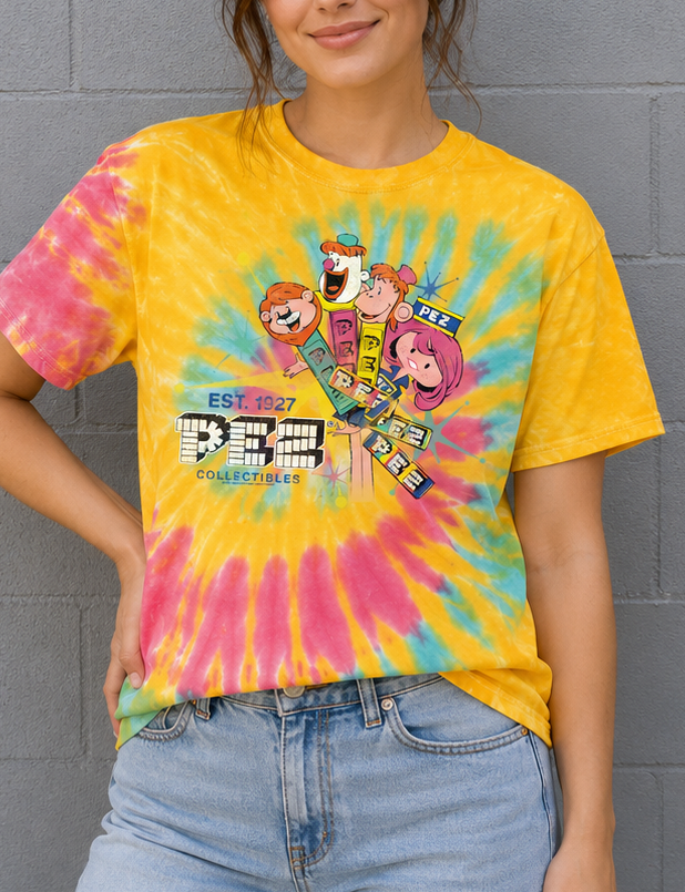 unisex pez collectibles tie dye shirt styled casually for candy collectors and retro candy enthusiasts