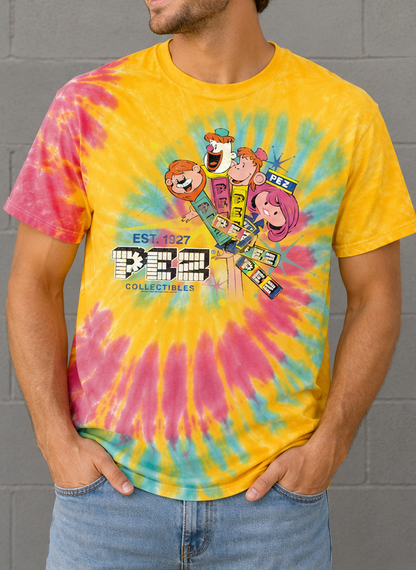 unisex pez collectibles tie dye shirt styled casually for candy collectors and retro candy enthusiasts