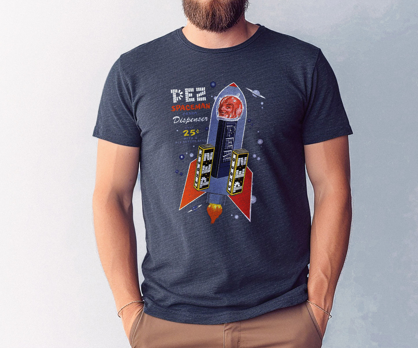 unisex pez vintage spaceman shirt styled casually with retro candy and space age nostalgia design