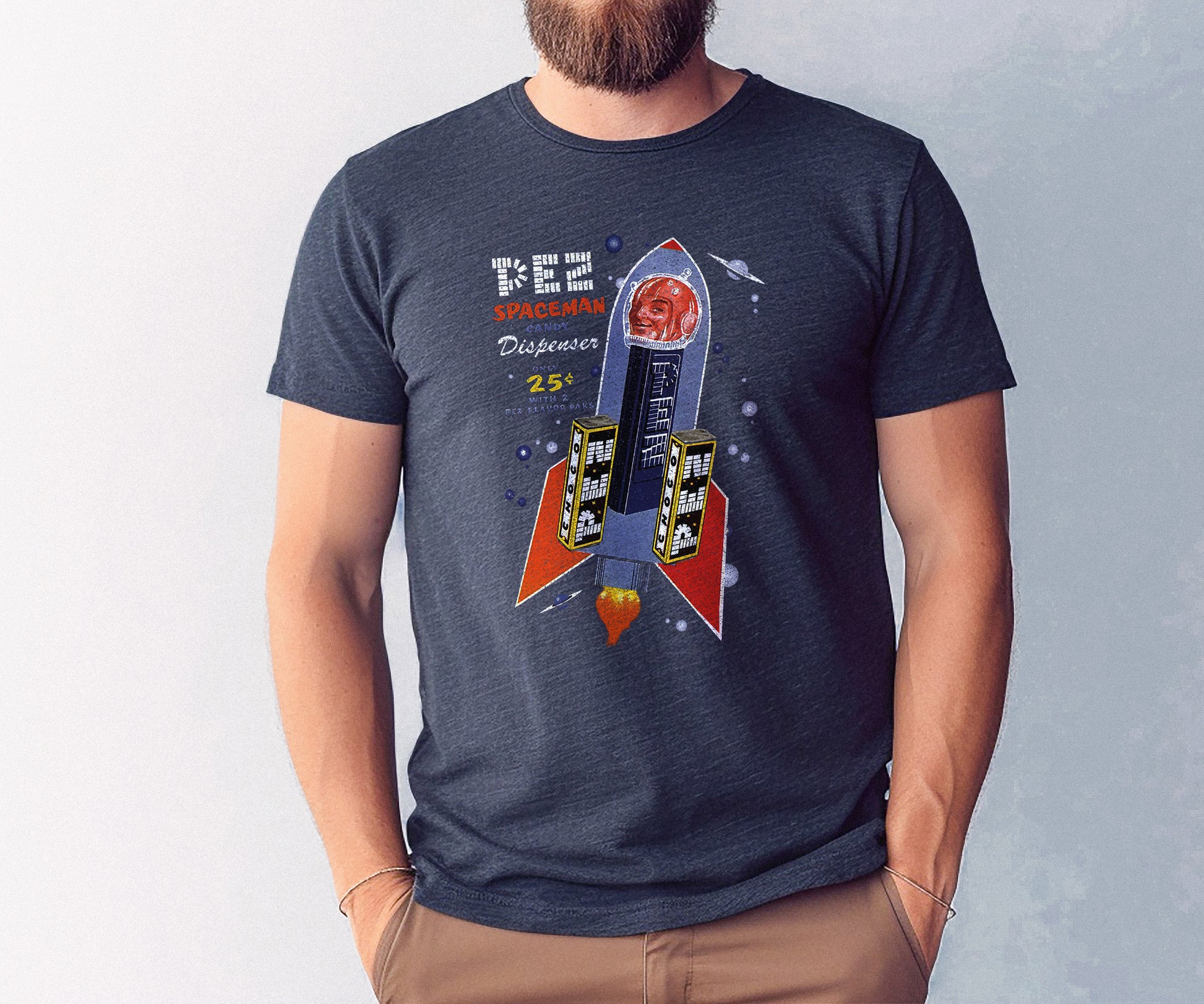 unisex pez vintage spaceman shirt styled casually with retro candy and space age nostalgia design