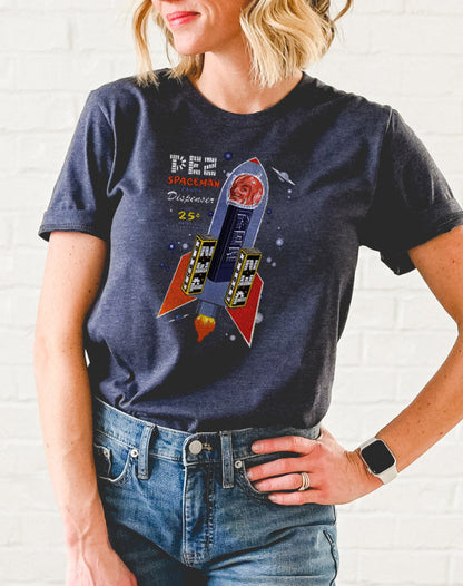 unisex pez vintage spaceman shirt styled casually with retro candy and space age nostalgia design