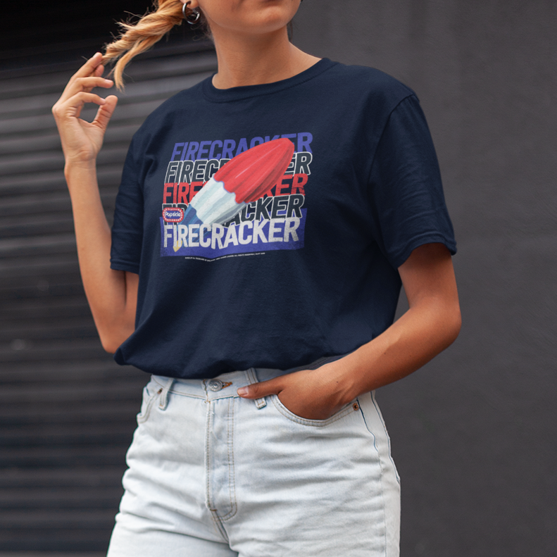 Popsicle® Firecracker Brand Colors T-Shirt styled casually, a patriotic Americana tee featuring nostalgic red, white and blue ice pop artwork perfect for summer celebrations.