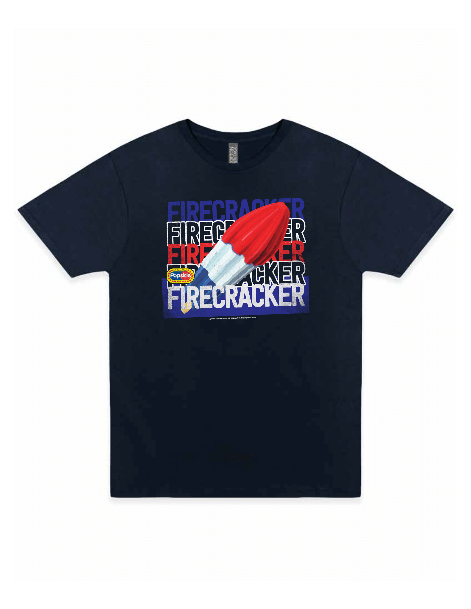 Popsicle® Firecracker Brand Colors T-Shirt featuring vintage red, white and blue ice pop artwork. Officially licensed patriotic summer tee celebrating classic Americana and nostalgic frozen treats