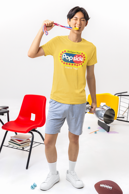 Male model wearing a Popsicle® The Original Authentic Tee featuring the classic Popsicle logo and vintage-inspired frozen treat artwork.