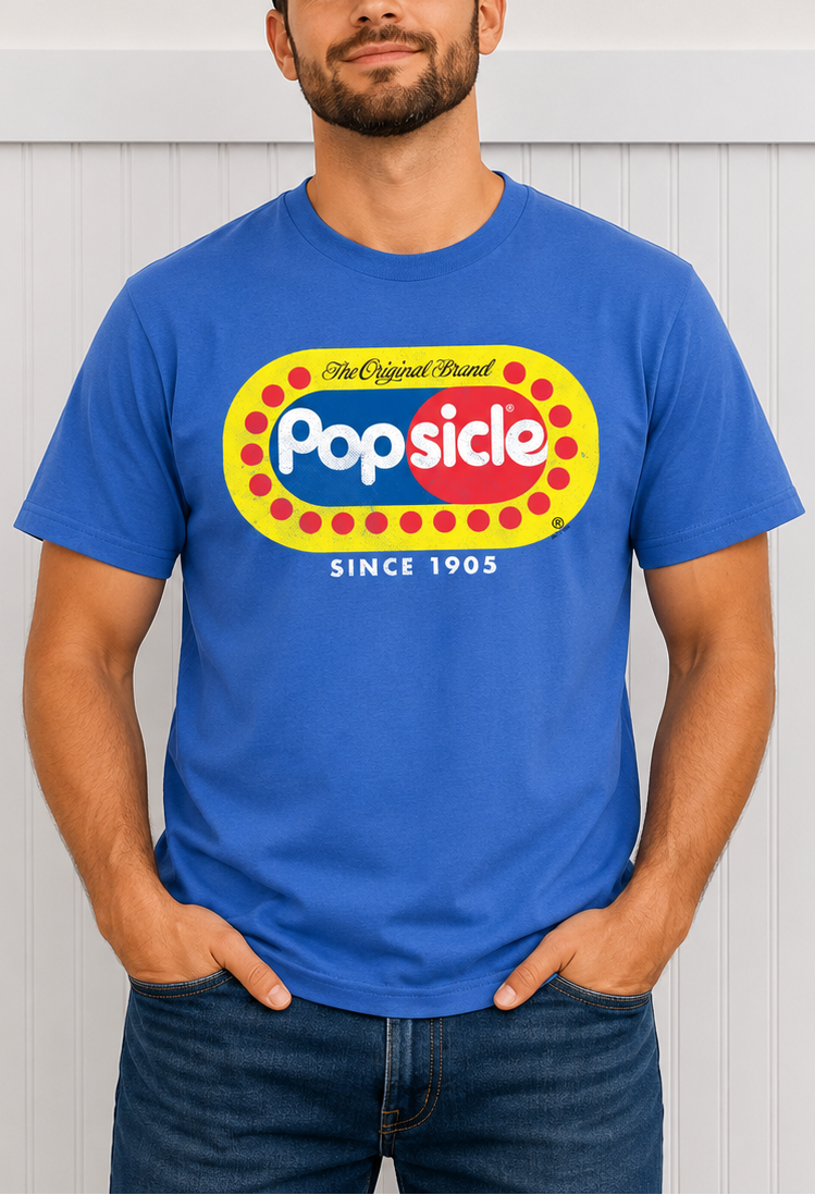 Male model wearing a Popsicle® The Original Authentic Tee featuring the classic Popsicle logo and vintage-inspired frozen treat artwork.