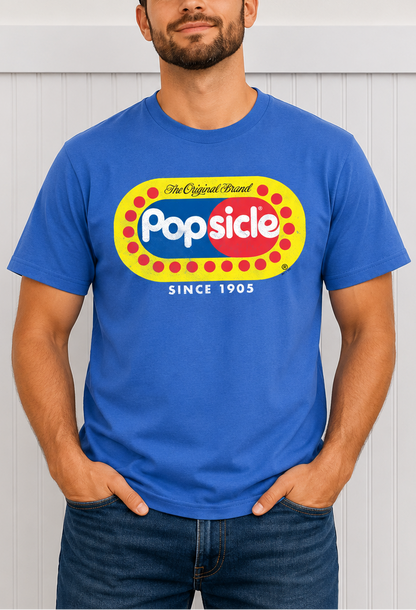 Male model wearing a Popsicle® The Original Authentic Tee featuring the classic Popsicle logo and vintage-inspired frozen treat artwork.