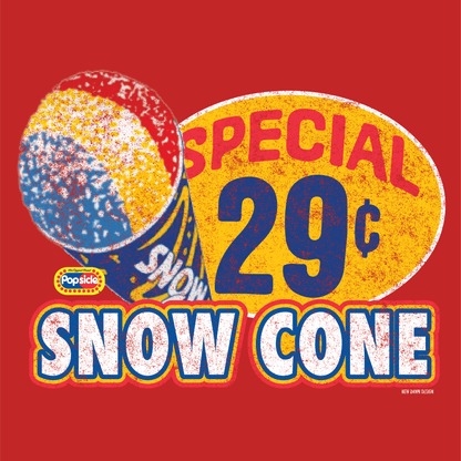 Vintage Popsicle® Snow Cone artwork featuring a classic red, white, blue, and yellow snow cone with a retro 29¢ special sign and distressed vintage typography.