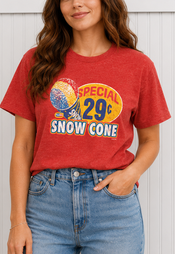 Female model wearing the Popsicle® Vintage Snow Cone Tee in heather red, showcasing a colorful retro Snow Cone design with nostalgic Popsicle artwork and vintage summer-inspired graphics.
