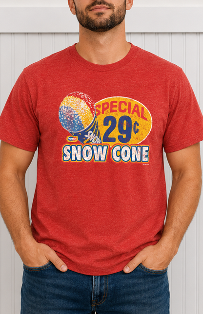 Male model wearing the Popsicle® Vintage Snow Cone Tee in heather red, featuring a retro 29¢ Snow Cone graphic with classic Popsicle branding and vintage distressed styling.