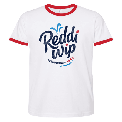 official reddi wip logo ringer graphic t shirt vintage whipped cream dessert brand unisex tee