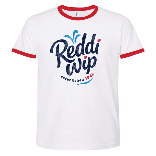 official reddi wip logo ringer graphic t shirt vintage whipped cream dessert brand unisex tee