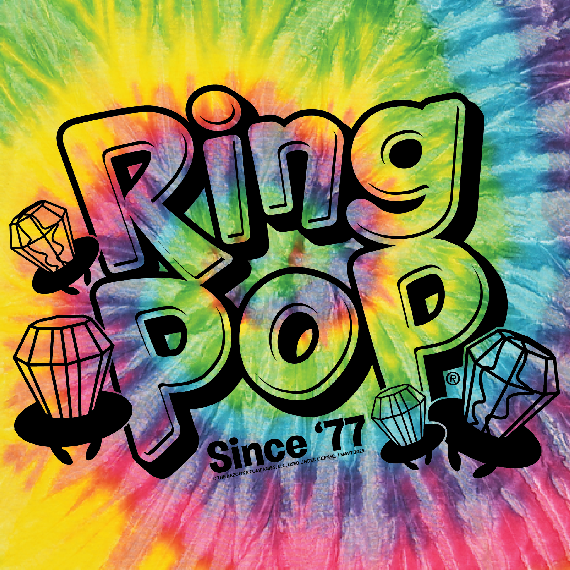 close up of ring pop since 77 candy graphic on colorful tie dye t shirt