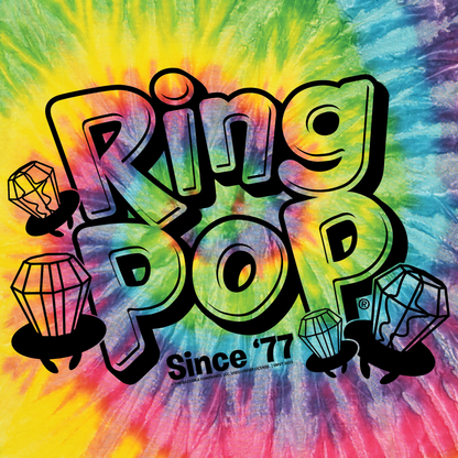 close up of ring pop since 77 candy graphic on colorful tie dye t shirt