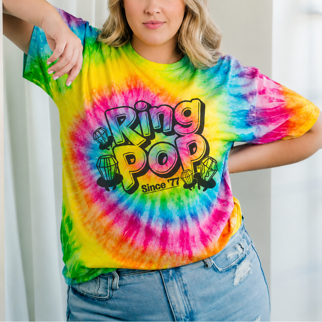unisex ring pop tie dye shirt styled casually nostalgic candy lover outfit