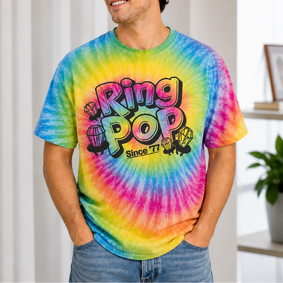 unisex ring pop tie dye shirt styled casually nostalgic candy lover outfit