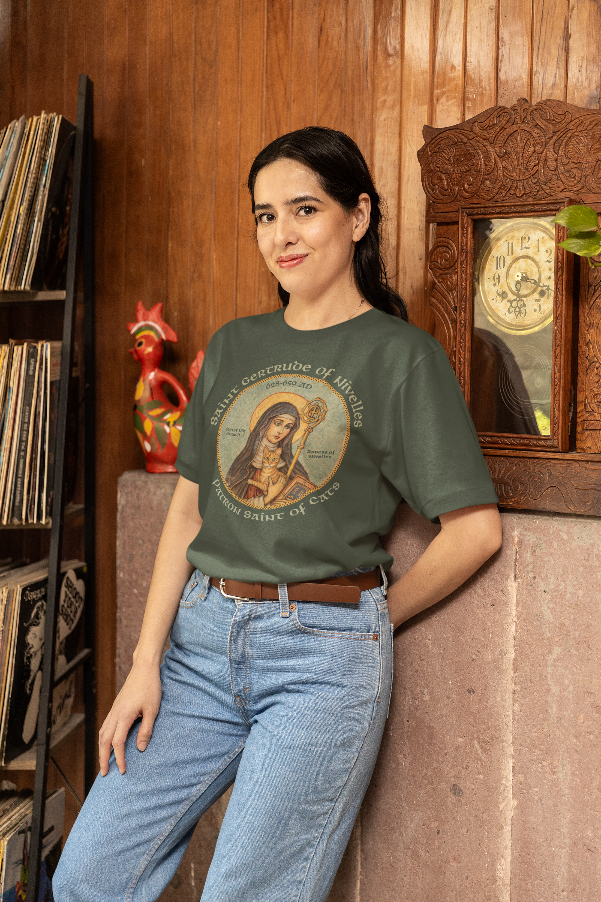 unisex saint gertrude cat lover t shirt styled casually religious catholic outfit