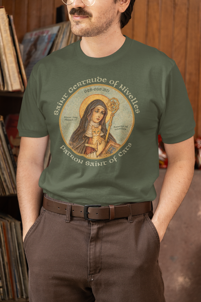 unisex saint gertrude cat lover t shirt styled casually religious catholic outfit