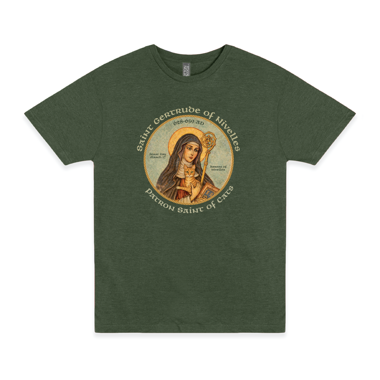 saint gertrude of nivelles patron saint of cats t shirt laid flat religious cat lover apparel
