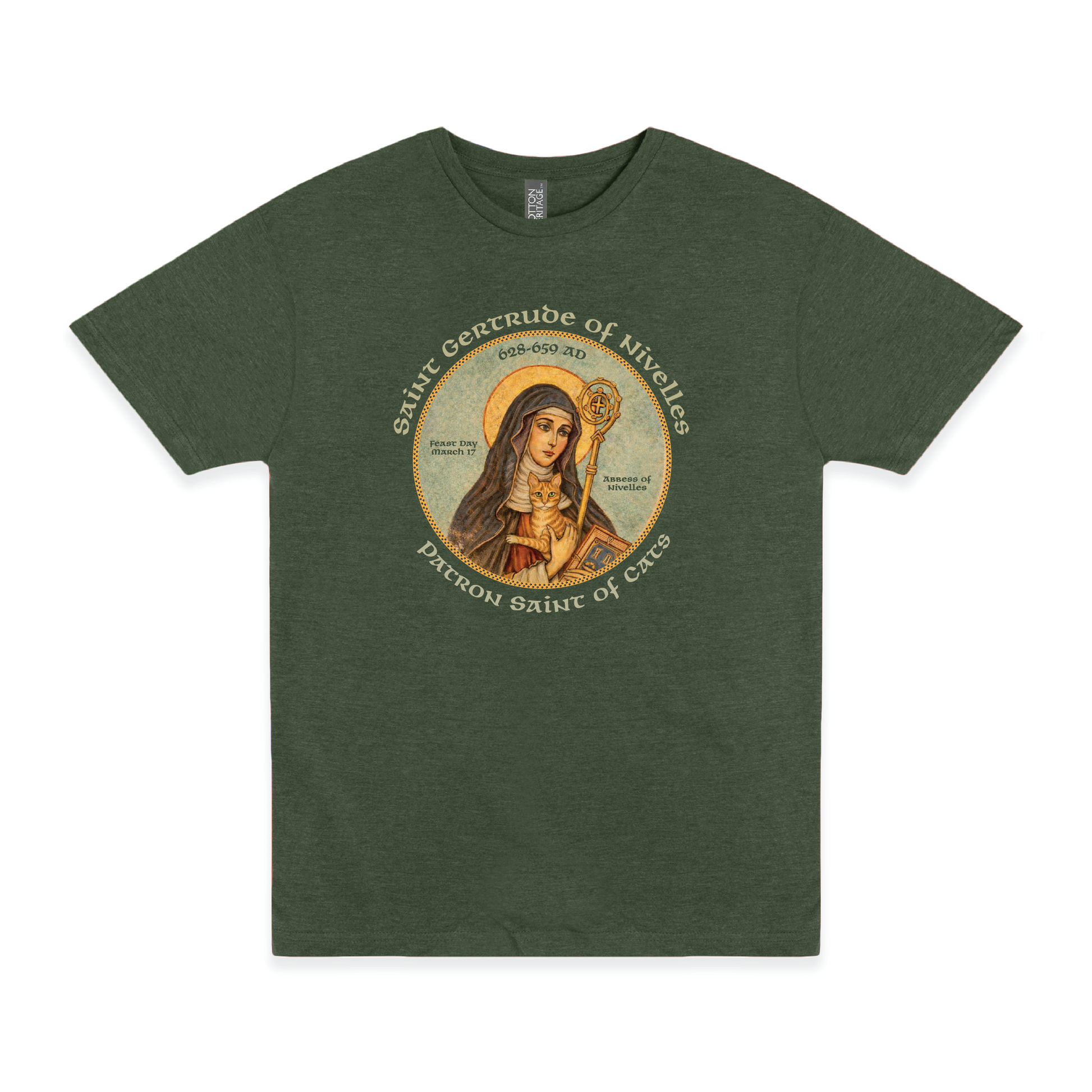 saint gertrude of nivelles patron saint of cats t shirt laid flat religious cat lover apparel