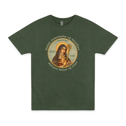 saint gertrude of nivelles patron saint of cats t shirt laid flat religious cat lover apparel
