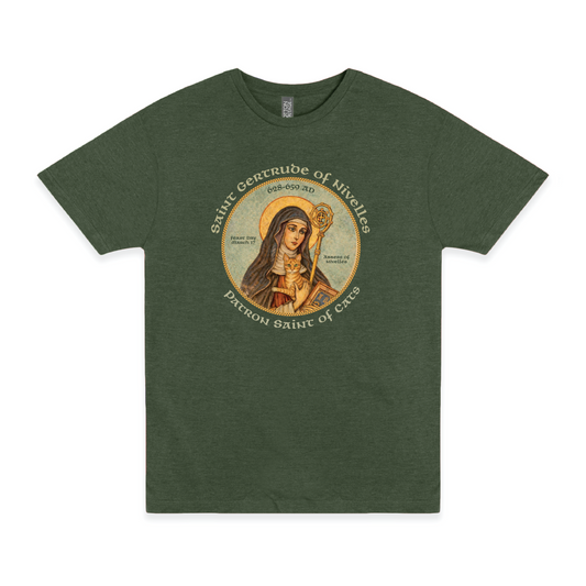 saint gertrude of nivelles patron saint of cats t shirt laid flat religious cat lover apparel