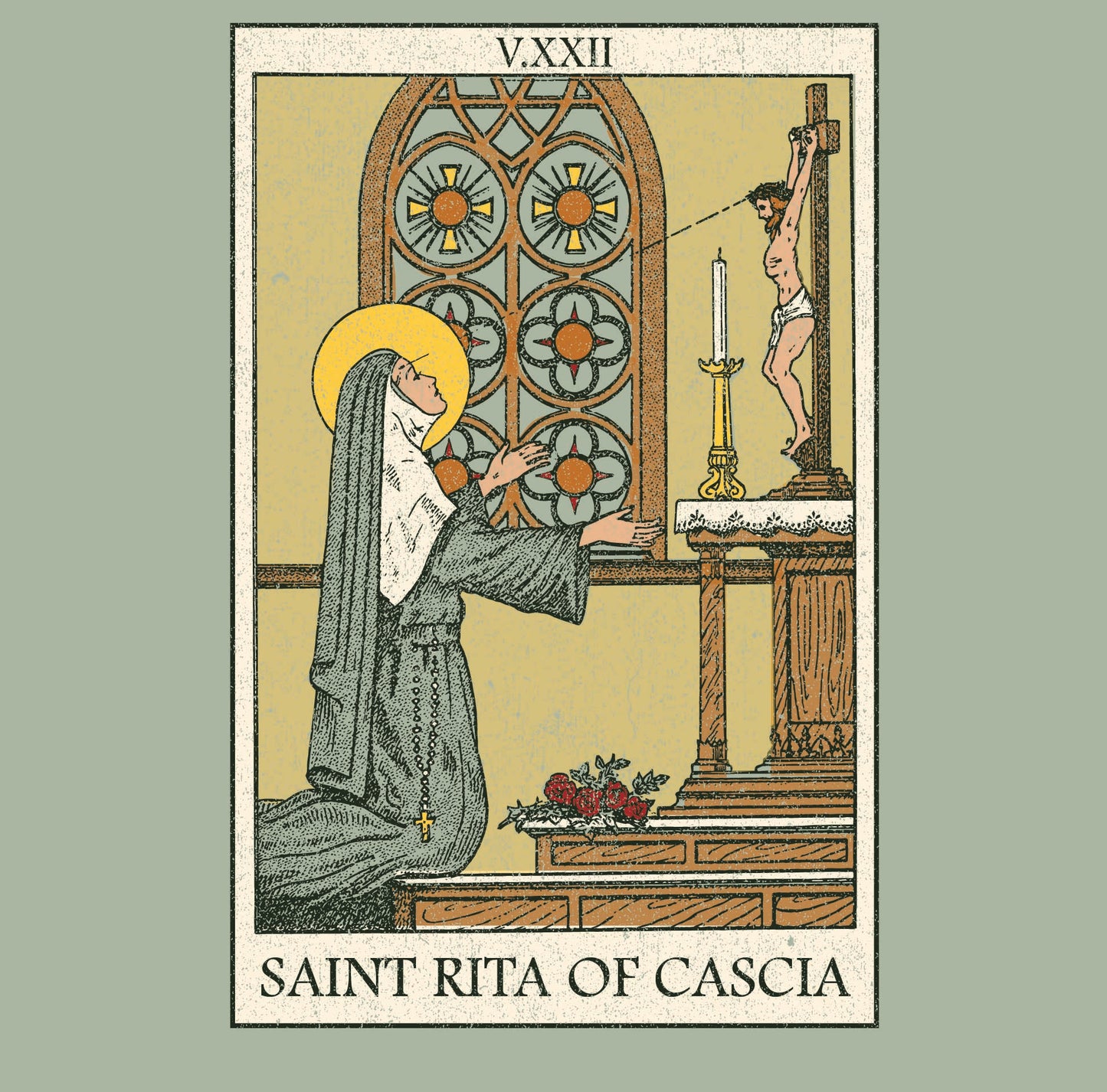 Close-up of the vintage Saint Rita of Cascia back graphic depicting the patron saint in prayer before the crucifix in a classic devotional illustration.