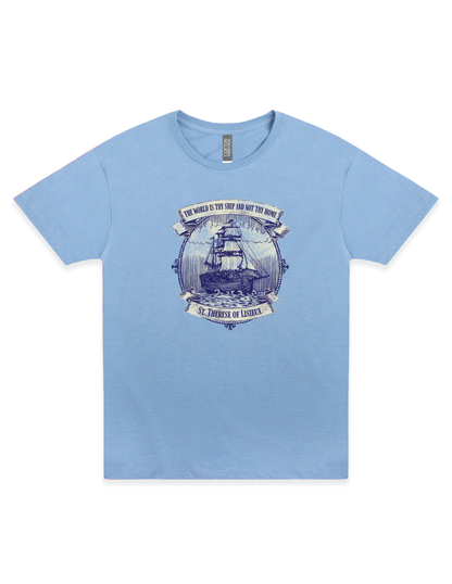 Saint Thérèse The World is Thy Ship religious unisex graphic T-shirt featuring inspirational Catholic artwork and quote.