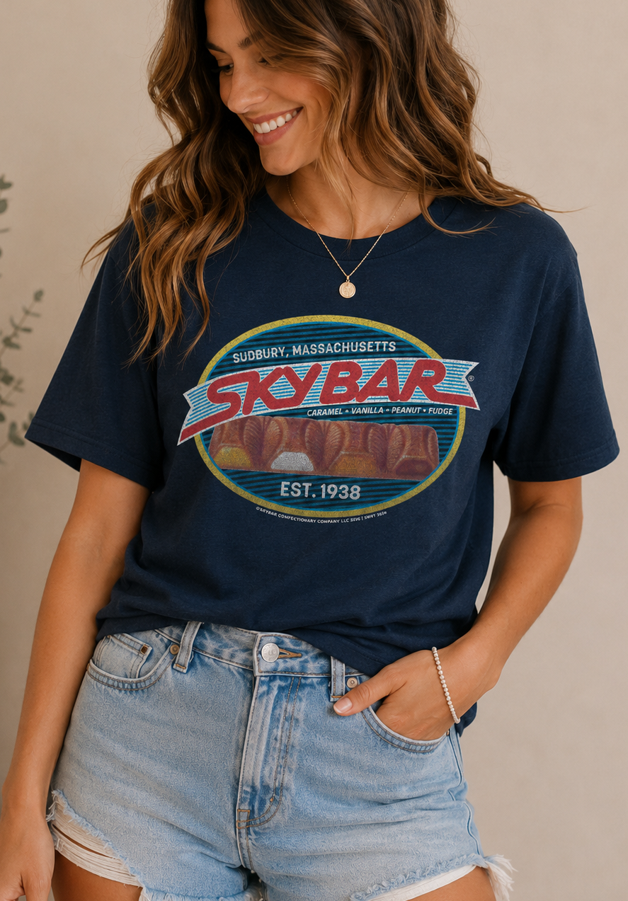 unisex skybar candy flavors t shirt styled casually retro chocolate candy brand outfit nostalgic look