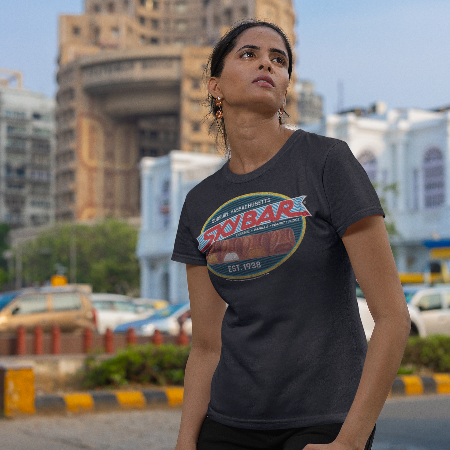 unisex skybar candy flavors t shirt styled casually retro chocolate candy brand outfit nostalgic look