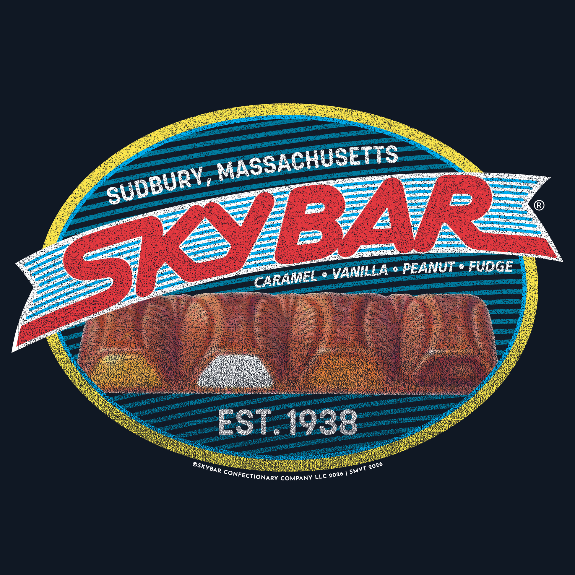 close up of skybar candy bar flavors caramel vanilla peanut fudge vintage logo graphic