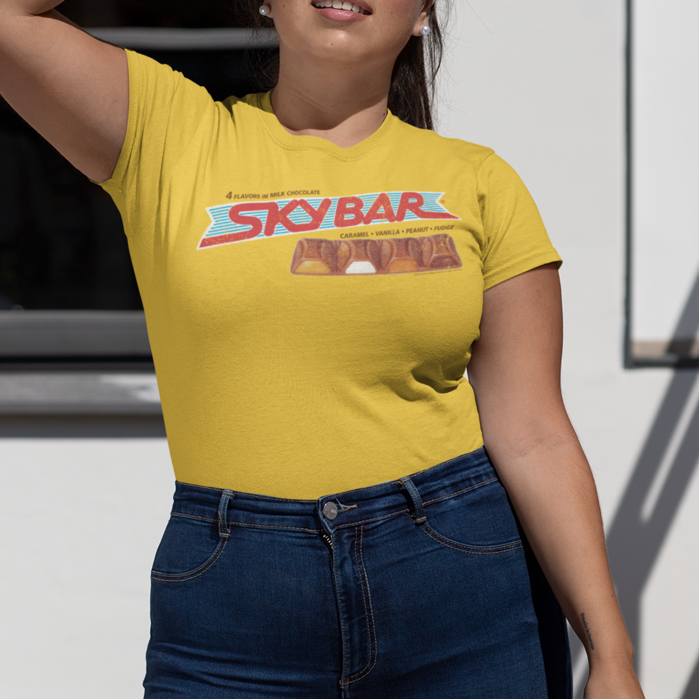 unisex skybar candy t shirt styled casually retro chocolate candy brand outfit nostalgic look