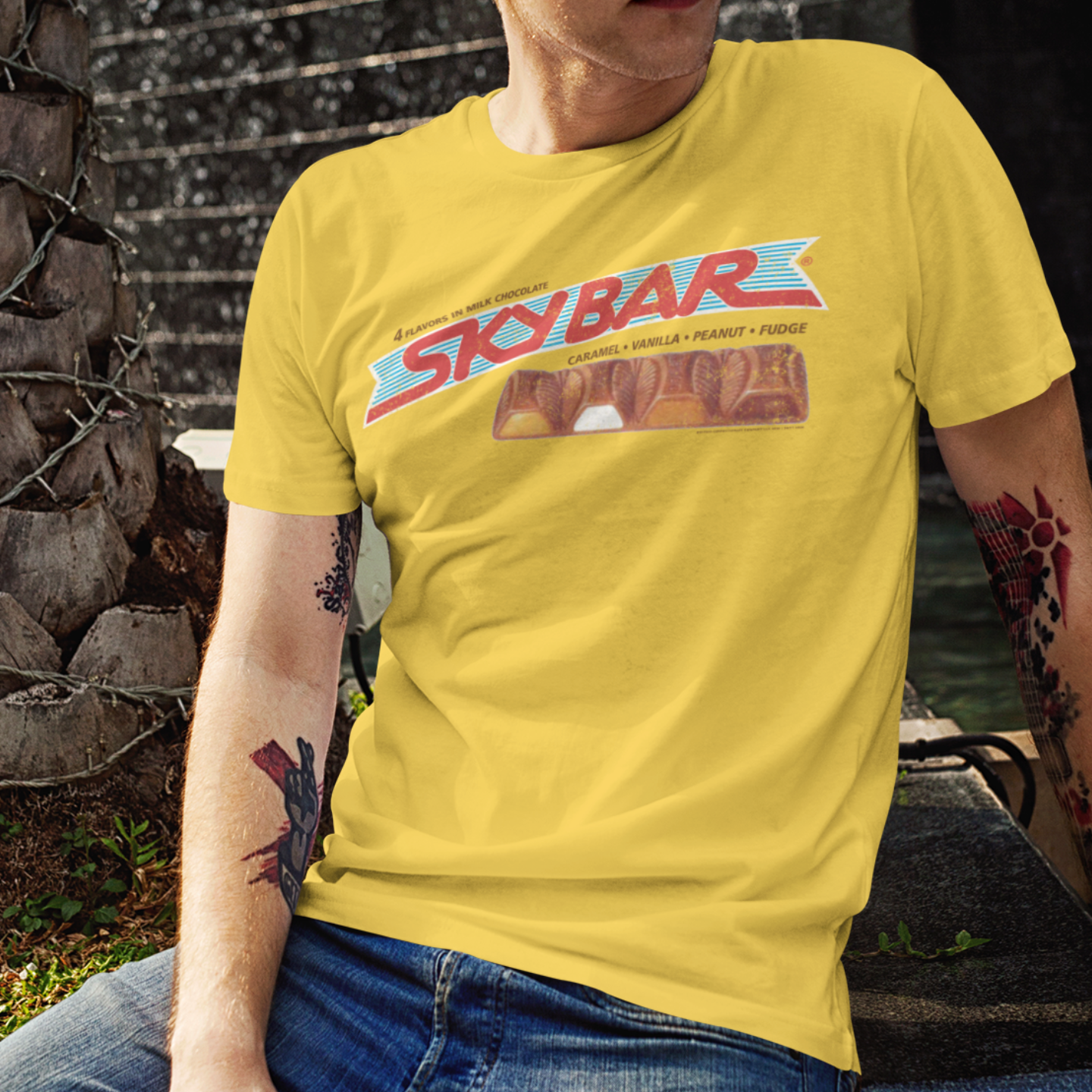 unisex skybar candy t shirt styled casually retro chocolate candy brand outfit nostalgic look